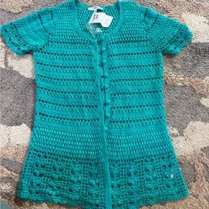 Liz Claiborne Teal Crochet Short Sleeve Cardigan NWT